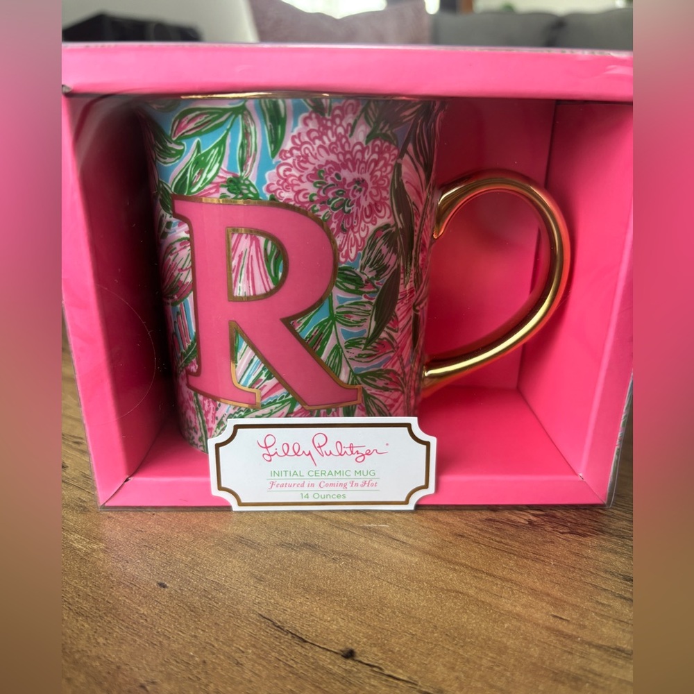 Lilly Pulitzer Initial “R” Ceramic Mug with Gold Handle NIB